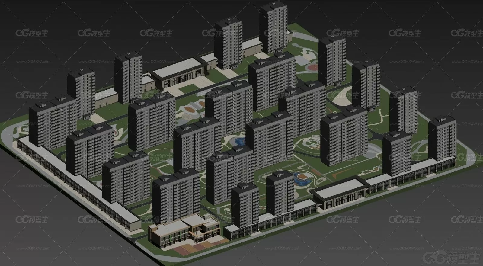 小区模型  现代小区加地形  商铺  商住两用 房地产沙盘 楼盘3D模型-1