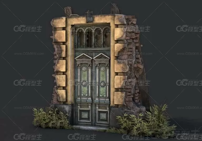 旧门 石砌小院场景 石门 欧式建筑3D模型-1