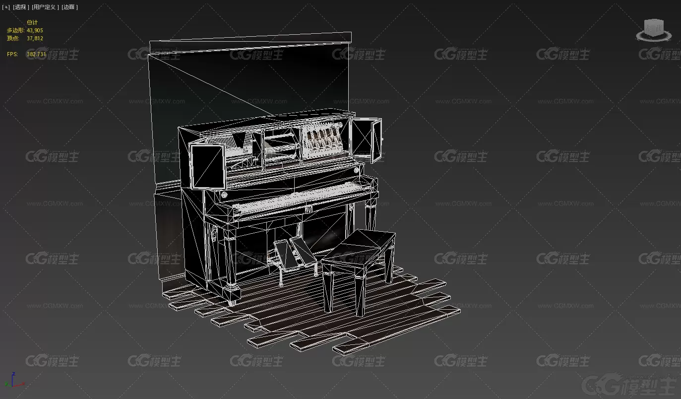 钢琴 上世纪早期家用古董老旧钢琴带琴凳3D模型-6