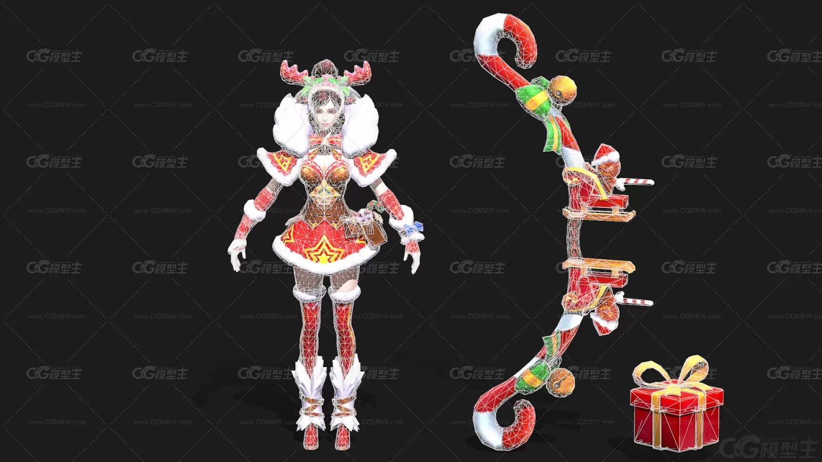 圣诞时装 美女 战士 喜庆 圣诞服饰美少女 圣诞女射手 弓箭手3D模型-2