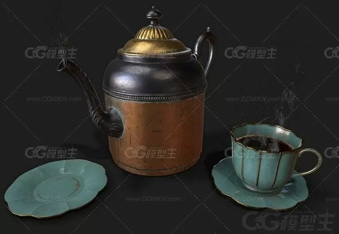 仿古铜茶壶 破旧水壶 茶壶 铝制水壶 烧水壶 水壶 茶壶3D模型-1