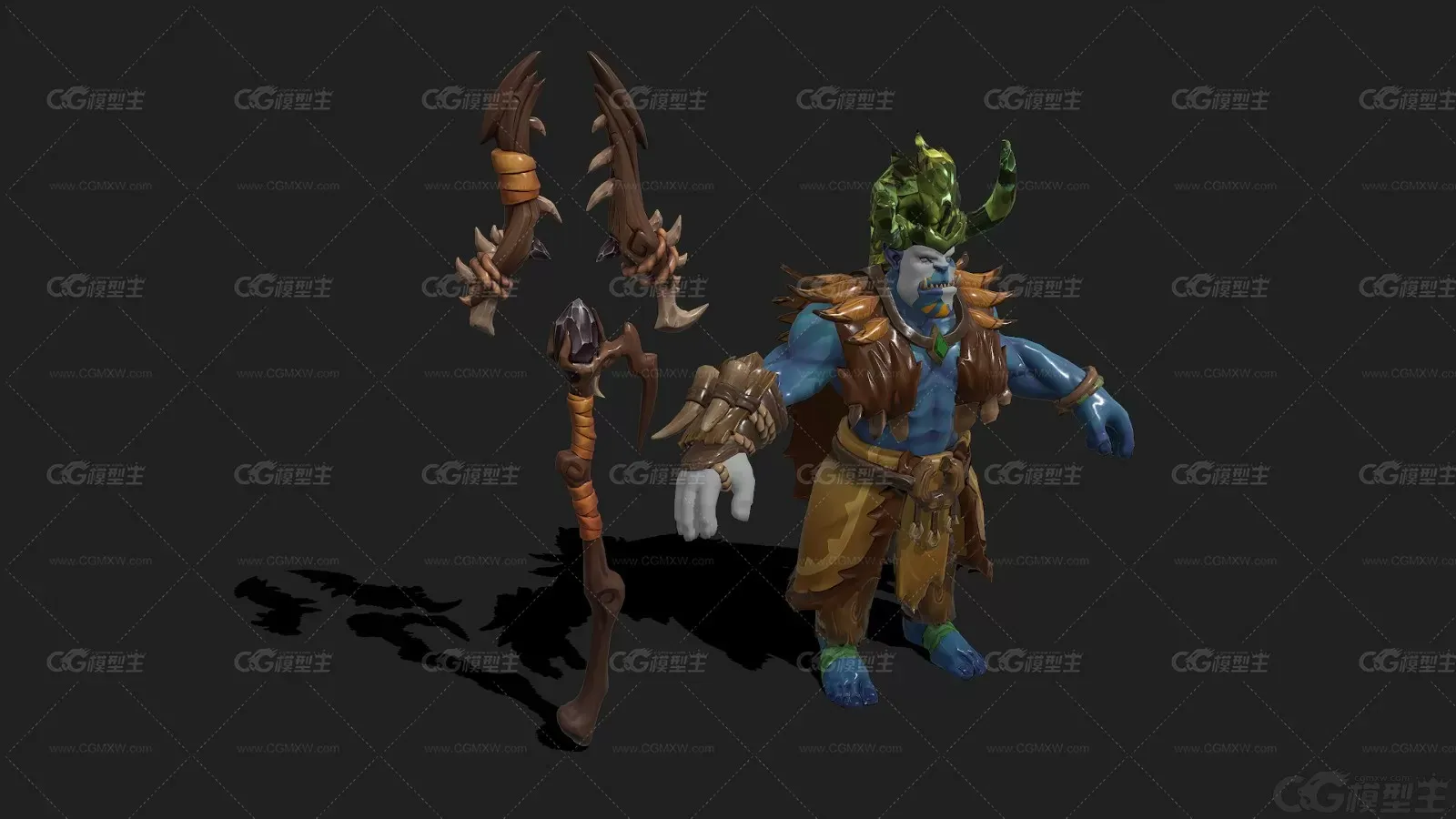 圣骑士 Grohk 赤流兽人 兽人长老 手绘贴图 部落长老 头领 酋长 原始部落带骨骼绑定-2