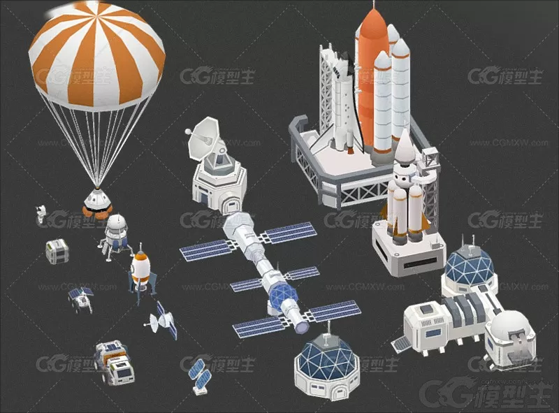 3D太空探索C4D宇航员Blend火箭发射FBX宇宙飞船飞船着陆器lowpoly模型-1