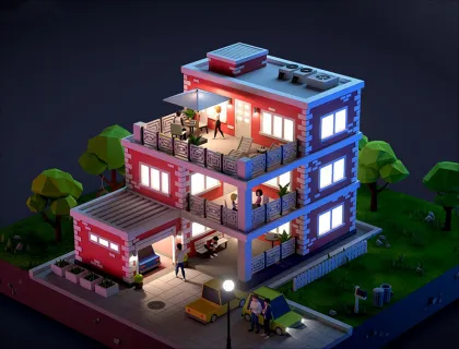 3D星空别墅C4D派对场景Blend低面风格建筑FBX月亮星星lowpoly模型