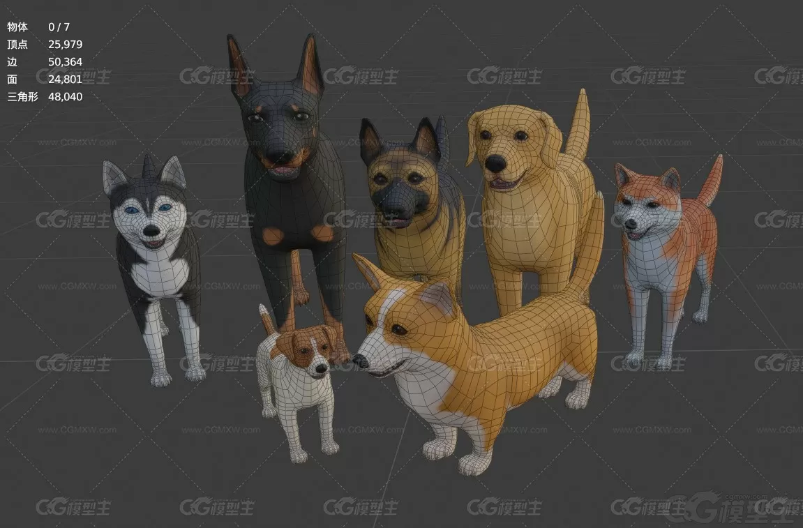 卡通小狗狗模型C4D牧羊犬Blender哈士奇FBX柯基mb秋田犬杜宾犬lowpoly模型-4