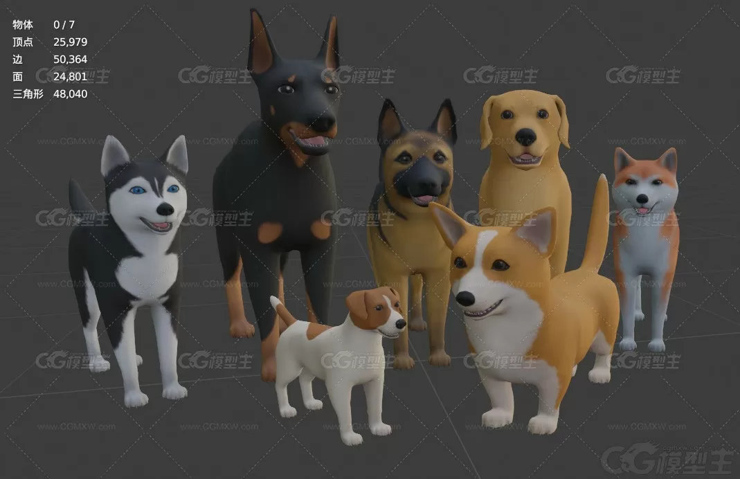 卡通小狗狗模型C4D牧羊犬Blender哈士奇FBX柯基mb秋田犬杜宾犬lowpoly模型-5