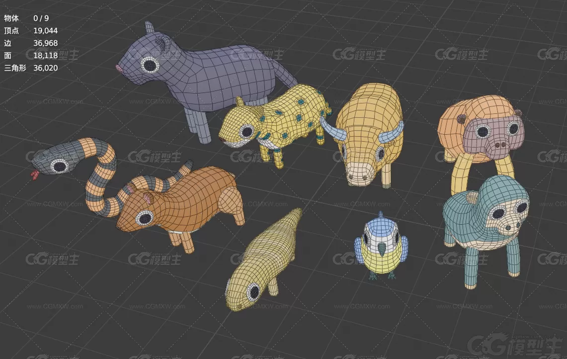 Q版丛林动物MAX模型Blender蛇巨蜥鹦鹉猩猩豹子卡通lowpoly模型-2