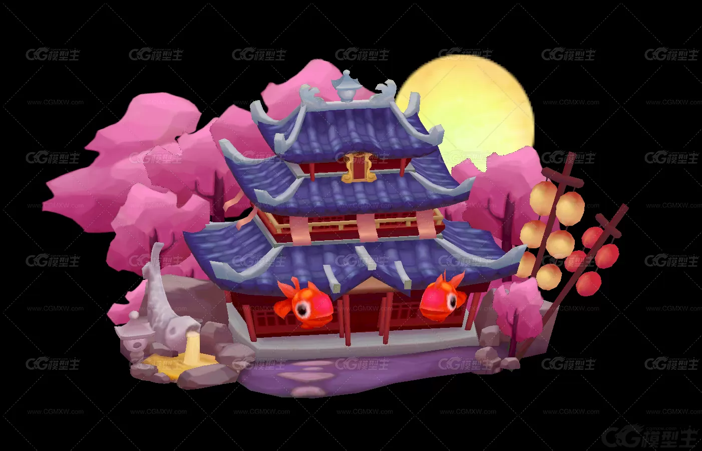 温泉仙宫 海底宫殿 手绘 Q版 卡通 中式 小场景 古代场景 仙侠场景 天宫 龙宫3D模型-1