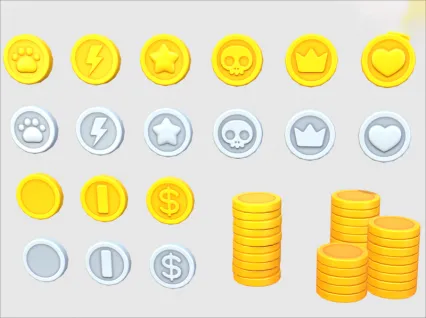 3D卡通金币银币硬币模型C4D游戏奖励包素材Blend格式lowpoly模型