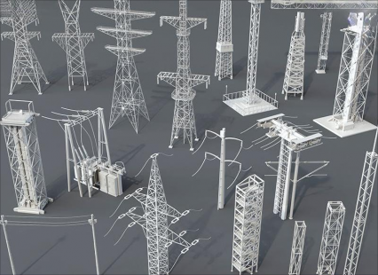 电力电线杆 电线塔 电力设施 电力设备 电表箱 高压线塔 电力输出3D模型