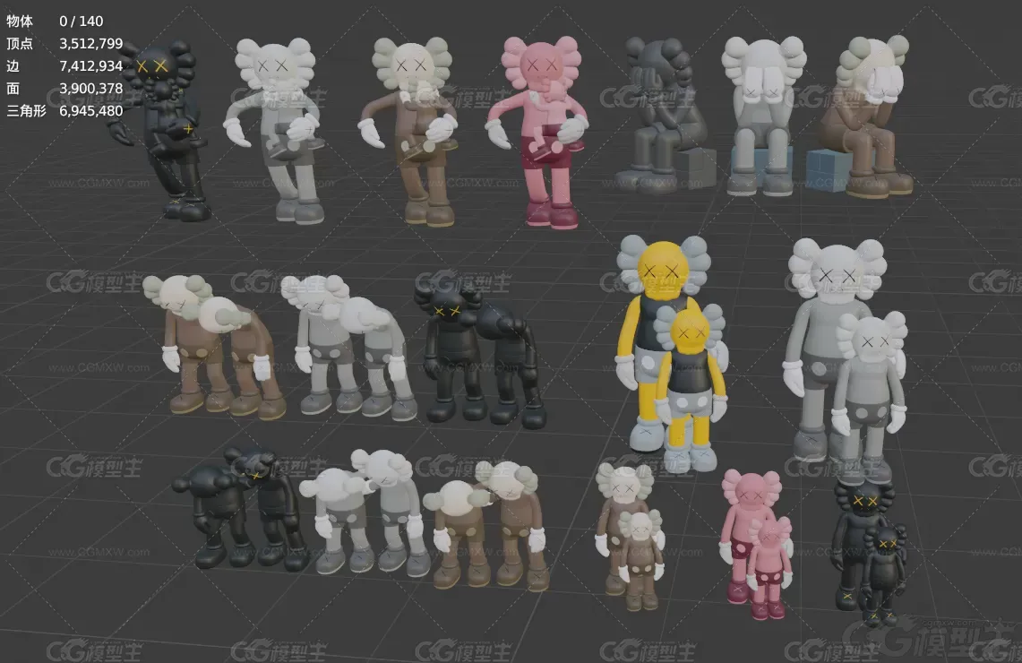 KAWS模型合集C4D暴力熊Blender动漫公仔FBX经典坐姿lowpoly模型-1