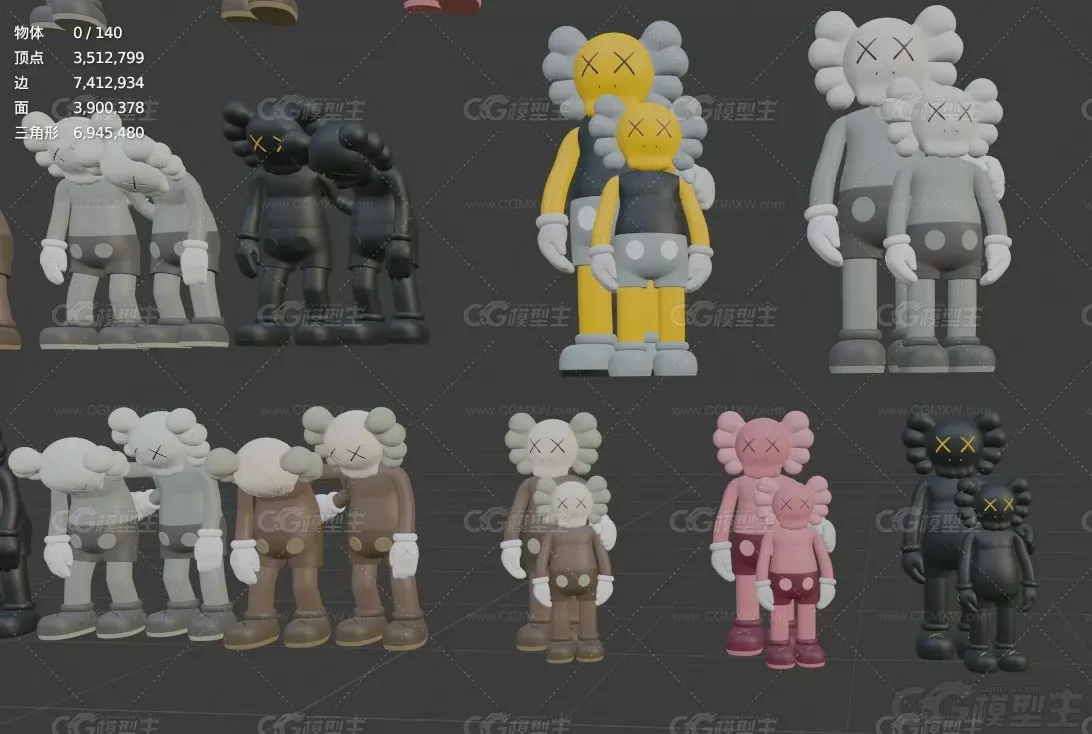 KAWS模型合集C4D暴力熊Blender动漫公仔FBX经典坐姿lowpoly模型-4