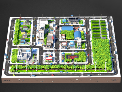 低面卡通城市C4D社区街道建筑Blend树木篮球场风力发电商店住宅树光伏新能源城市