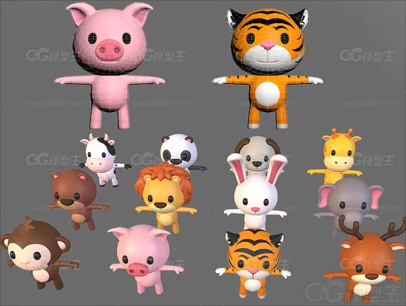 低面动物模型C4D卡通T姿态角色Blend小猪老虎狮子老鼠奶牛熊猫3D模型-1