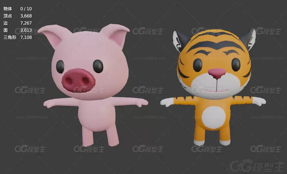 低面动物模型C4D卡通T姿态角色Blend小猪老虎狮子老鼠奶牛熊猫3D模型-3