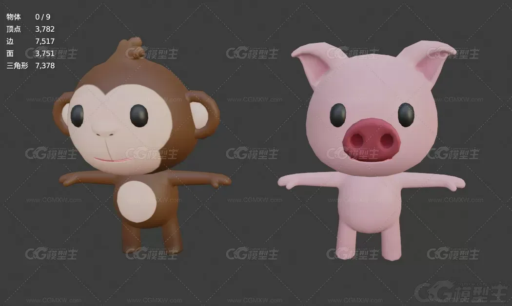 低面动物模型C4D卡通T姿态角色Blend小猪老虎狮子老鼠奶牛熊猫3D模型-5