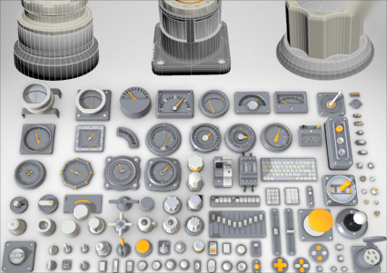 工业开关按钮模型C4D仪表盘操纵杆旋钮键盘转速表Blender素材3D模型