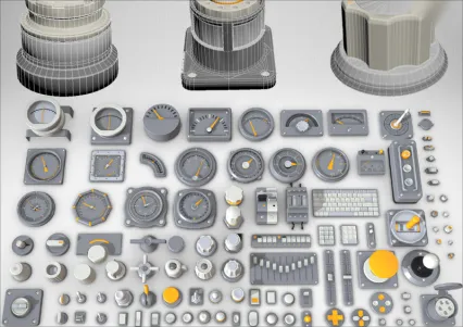 工业开关按钮模型C4D仪表盘操纵杆旋钮键盘转速表Blender素材3D模型