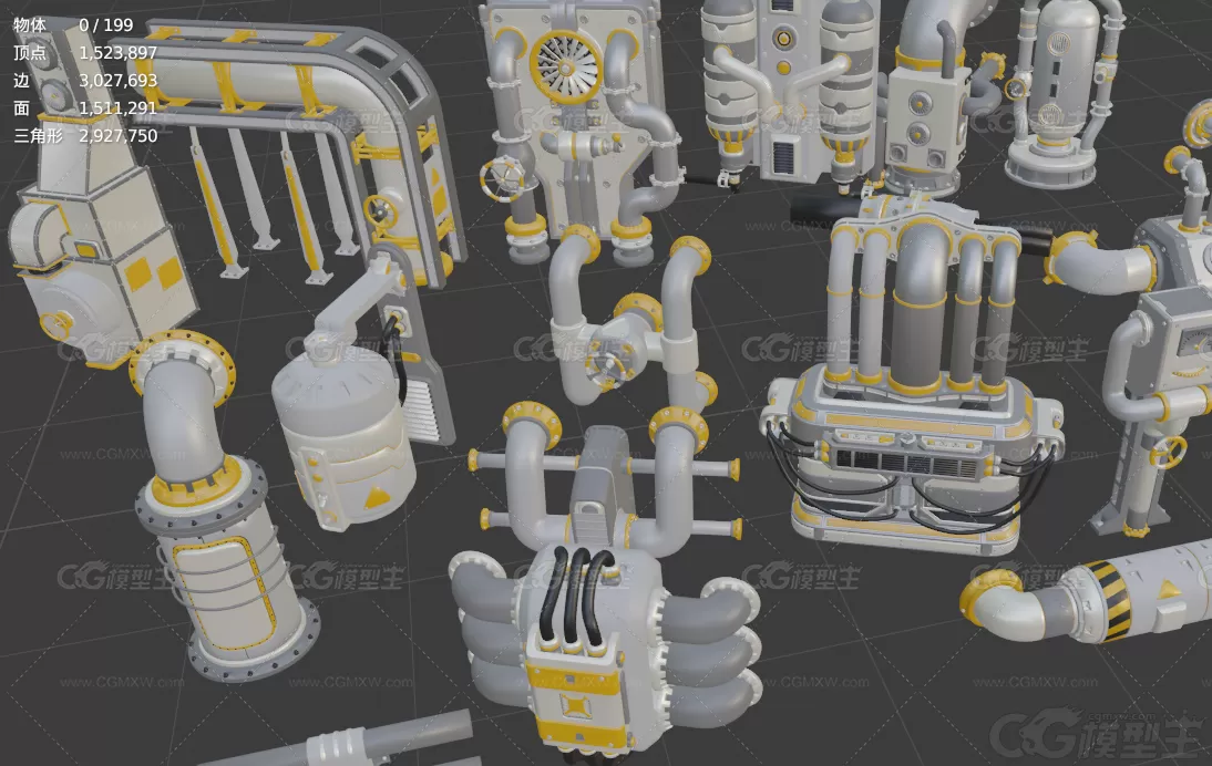 墙体电力设备C4D工业风扇空调电箱MAX墙体管道开关电缆阀门3D模型-2