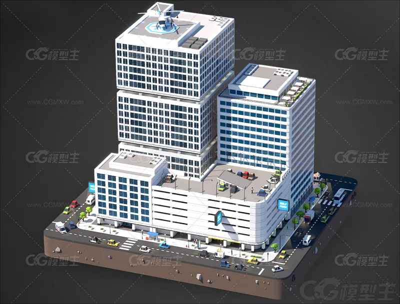 购物广场建筑模型C4D卡通商场大楼FBX街道马路行人场景3D模型-1