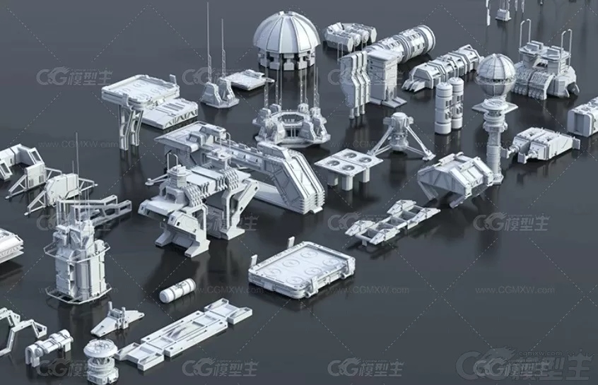 C4D低面科幻建筑模块MAYA未来城市资产包OBJ赛博朋克低模基础网格3D模型-5