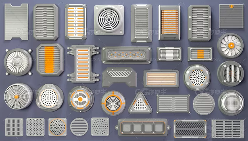 3D工业风口模型C4D排烟扇排风口散热孔Blender空调出风口STL素材-2