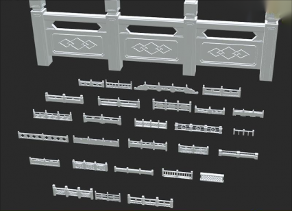 古风石雕护栏模型Blender围栏MAYA古代桥梁构件3D模型