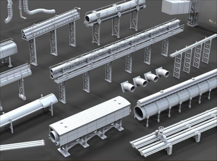 3D工厂工业管道模型素材C4D白模MAYA燃气排气管道3D模型