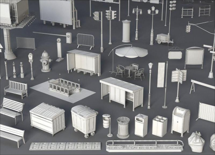 3D街头道路资产C4D路灯广告牌Blend护栏消防栓减速带休闲桌椅3D模型