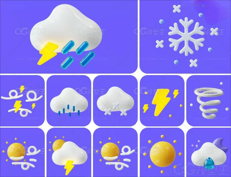 天气图标3D模型附PNG星星月亮乌云太阳C4D雪花晴天闪电龙卷风3D模型-1