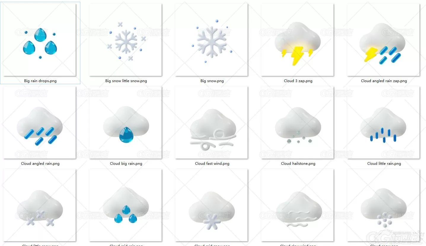 天气图标3D模型附PNG星星月亮乌云太阳C4D雪花晴天闪电龙卷风3D模型-2