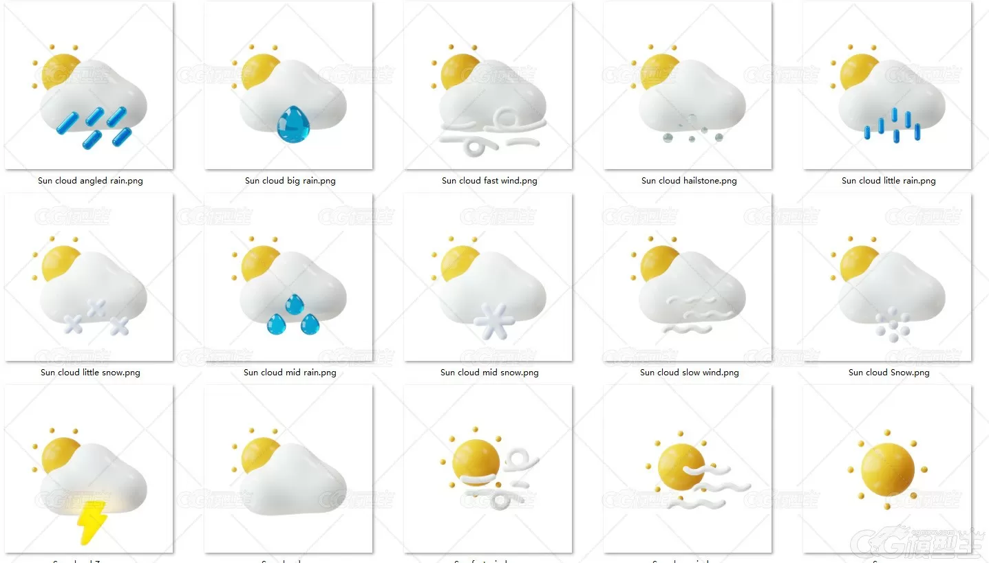 天气图标3D模型附PNG星星月亮乌云太阳C4D雪花晴天闪电龙卷风3D模型-3