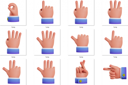卡通3D手势ICON图标C4D模型有PNG手指比心FBX握手拳头握笔写字OBJ