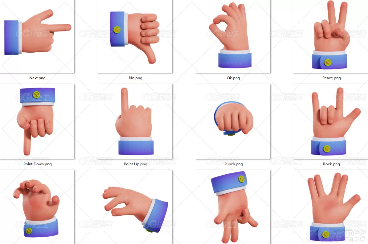 卡通3D手势ICON图标C4D模型有PNG手指比心FBX握手拳头握笔写字OBJ-2