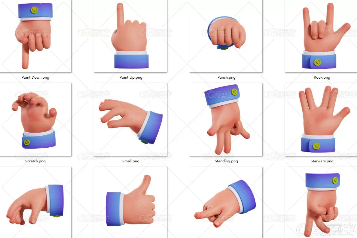 卡通3D手势ICON图标C4D模型有PNG手指比心FBX握手拳头握笔写字OBJ-3