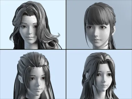 青春美少女头部MAX齐刘海FBX大波浪头发C4D头型3D设计素材文件OBJ