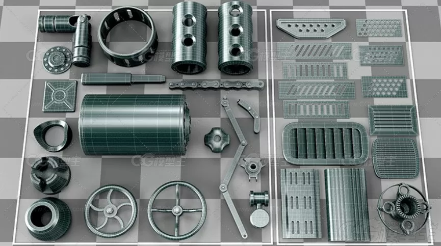 蒸汽朋克硬表面3D素材C4D零件基础网格Blend机械建模设计参考OBJ-3