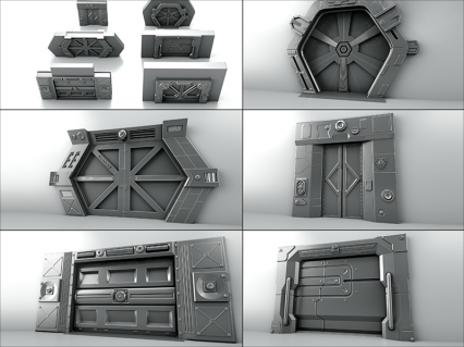 未来科幻大门C4D赛博风格FBX廊道硬表面资产包OBJ建模设计3D模型