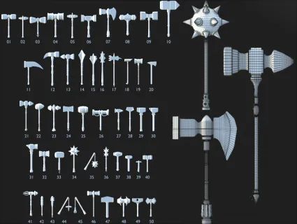 中世纪游戏冷兵器模型C4D武器锤子狼牙棒MAYA白模低模建模3D模型