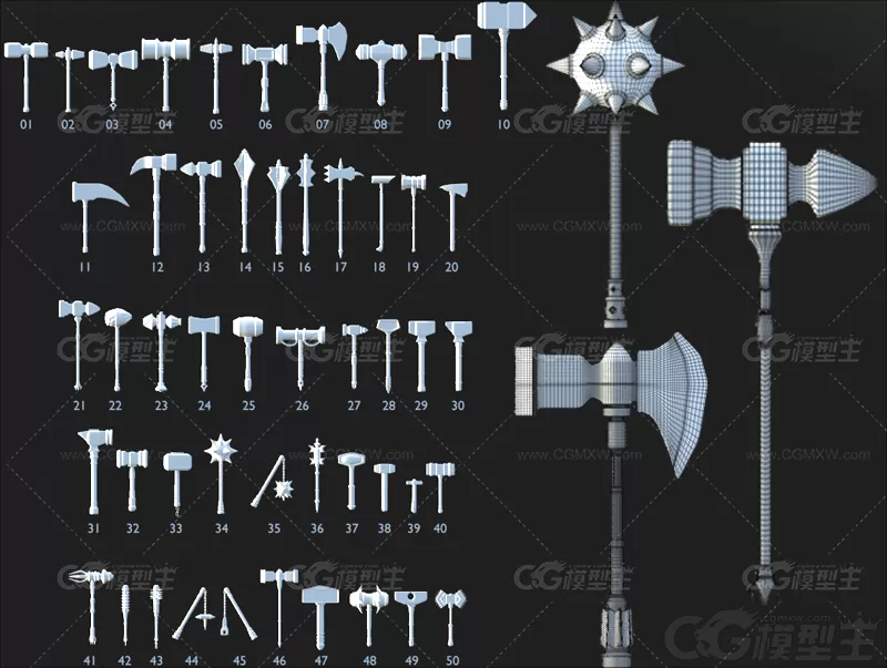 中世纪游戏冷兵器模型C4D武器锤子狼牙棒MAYA白模低模建模3D模型-1