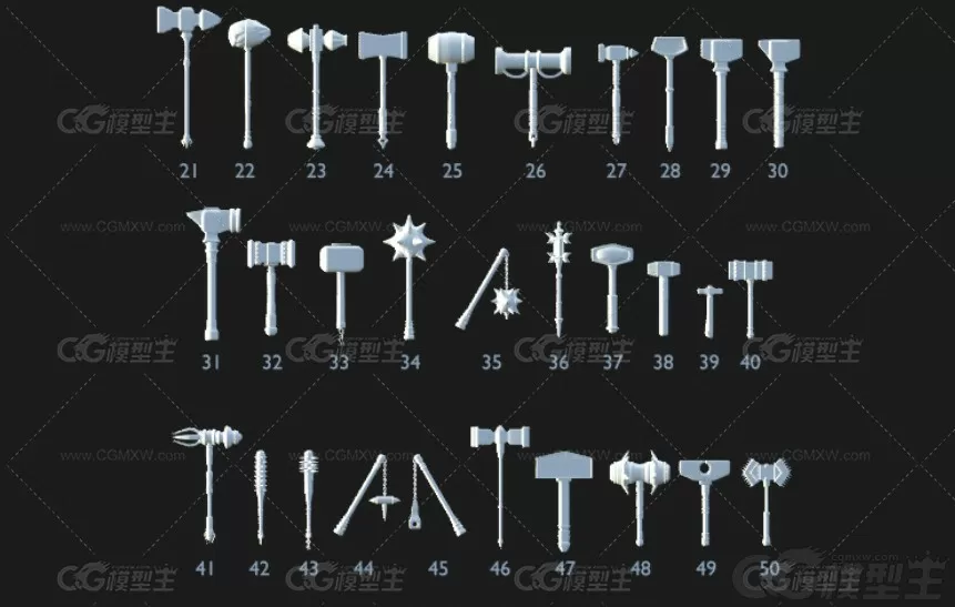 中世纪游戏冷兵器模型C4D武器锤子狼牙棒MAYA白模低模建模3D模型-4
