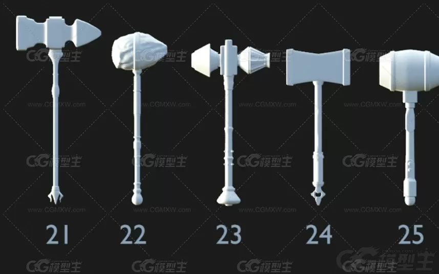 中世纪游戏冷兵器模型C4D武器锤子狼牙棒MAYA白模低模建模3D模型-6