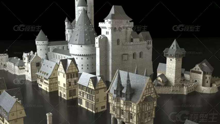 低模童话魔法城堡3D模型C4D欧式复古村庄MAYA建筑房屋资产3D模型-2