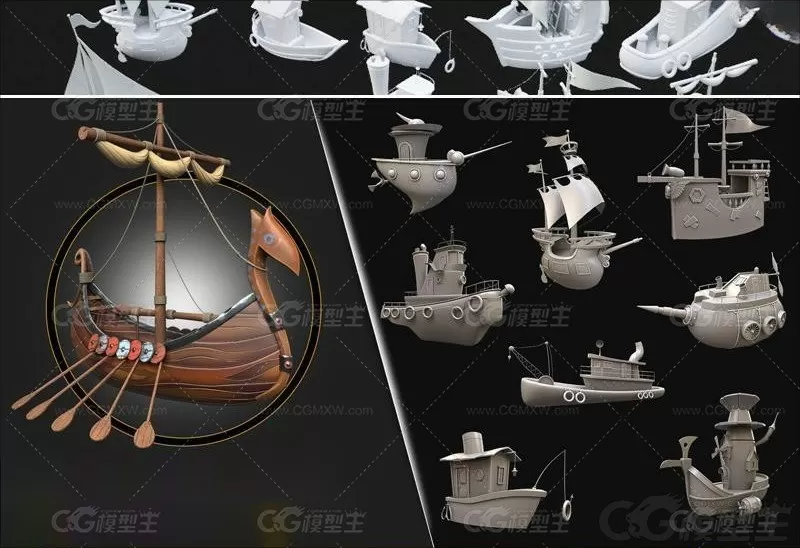 Q版可爱小船3D模型C4D中世纪船舶船只海盗船Blend白模基础网格-1