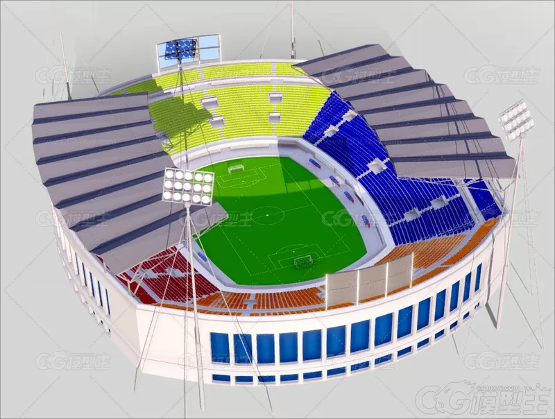 低面风格体育场C4D卡通露天足球场模型MAX遮阳棚FBX观众席路灯体育馆3D模型-1