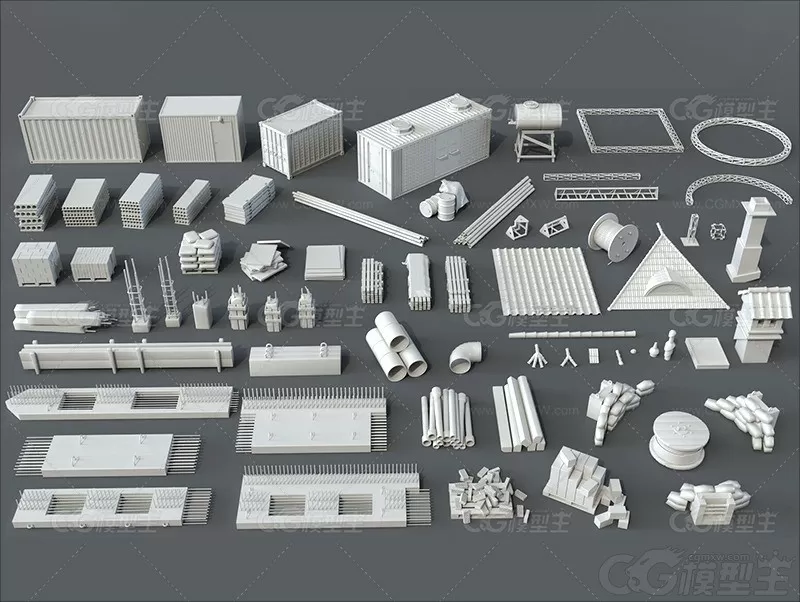 建筑工地资产C4D管道屋顶瓦片砖块OBJ沙袋钢筋水泥板集装箱3D模型-1