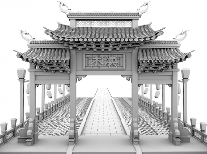 MAYA古风唐风牌坊模型MAX街道地砖护栏Blender建模3D素材文件