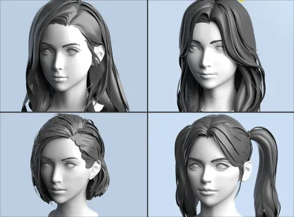 邻家女孩发型C4D女生短发马尾辫MAX头发低模OBJ三维设计3D模型文件