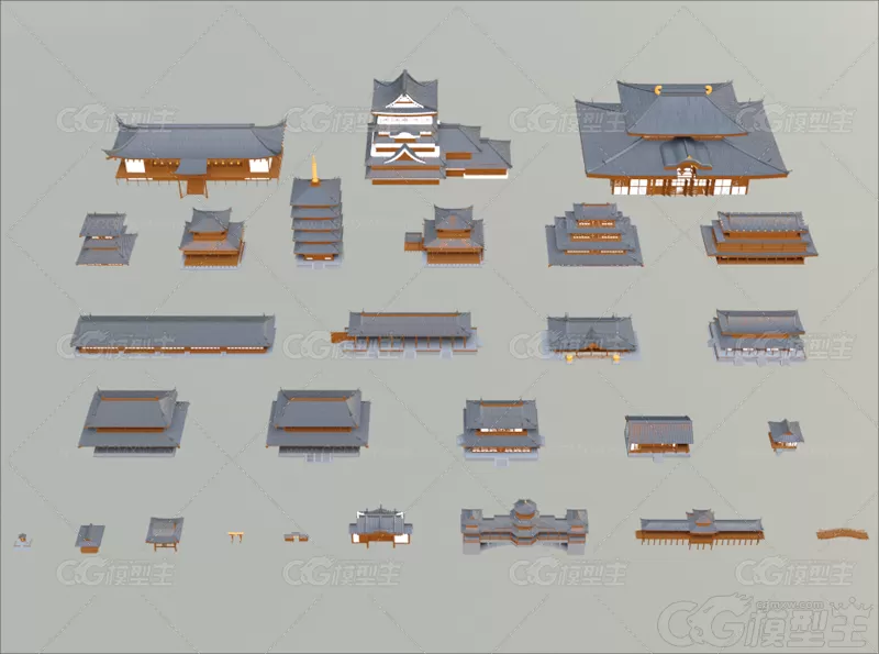 东方古建模块C4D唐朝风格建筑MAYA塔古风走廊宫殿楼宇城墙城楼3D模型-1