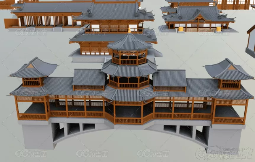 东方古建模块C4D唐朝风格建筑MAYA塔古风走廊宫殿楼宇城墙城楼3D模型-2